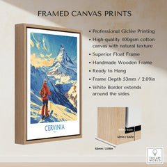 Framed canvas print featuring Ski Poster Cervinia Italy with mountain views and skier, perfect for home decor.