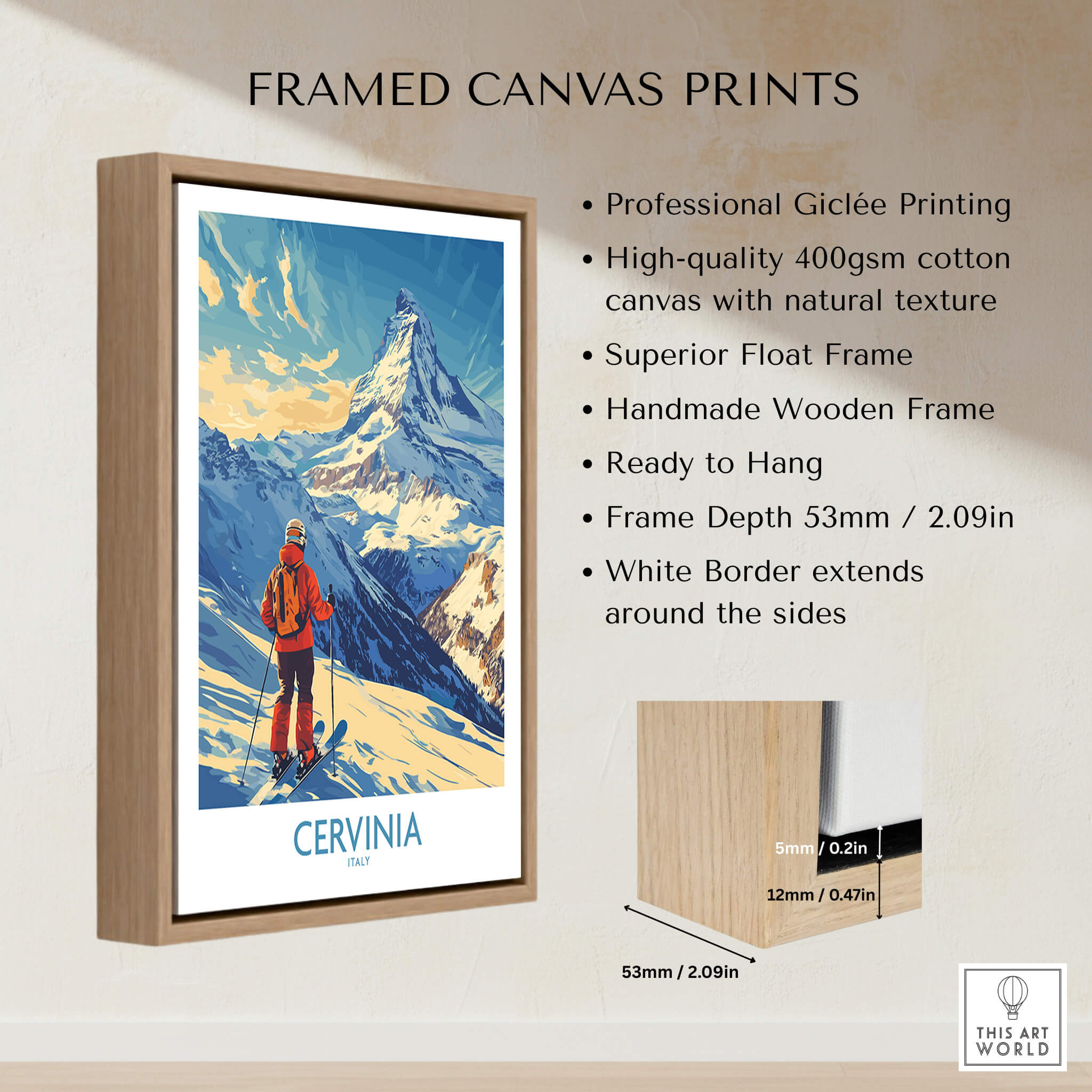 Framed canvas print featuring Ski Poster Cervinia Italy with mountain views and skier, perfect for home decor.