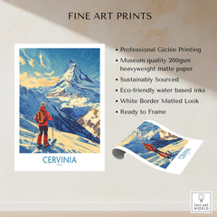 Ski Poster Cervinia Italy showcasing a skier in stunning mountain scenery, perfect for home decor.