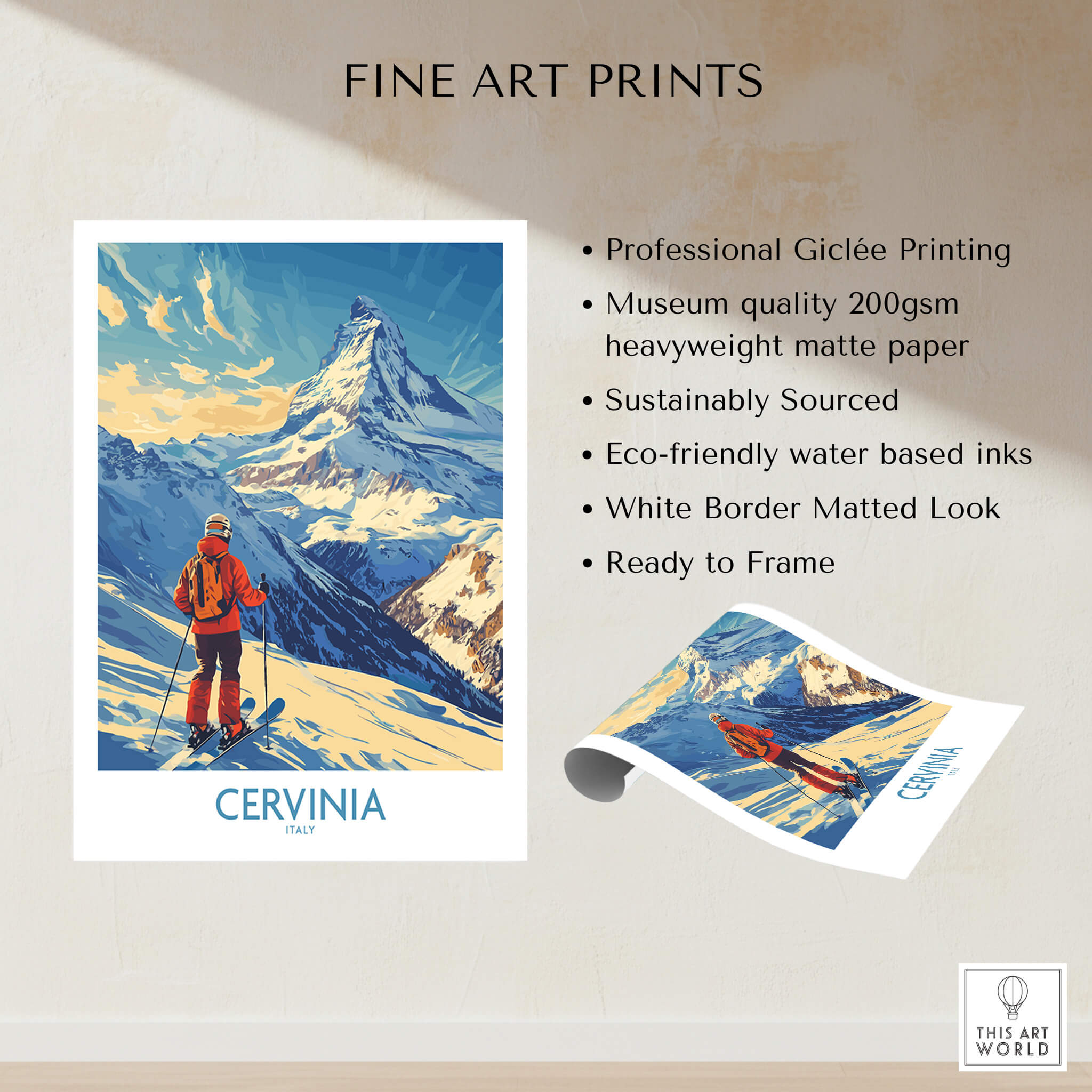 Ski Poster Cervinia Italy showcasing a skier in stunning mountain scenery, perfect for home decor.