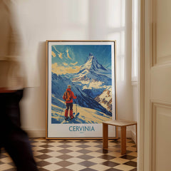 Ski Poster Cervinia Italy depicting a skier enjoying the stunning mountain views of Cervinia, Italy.