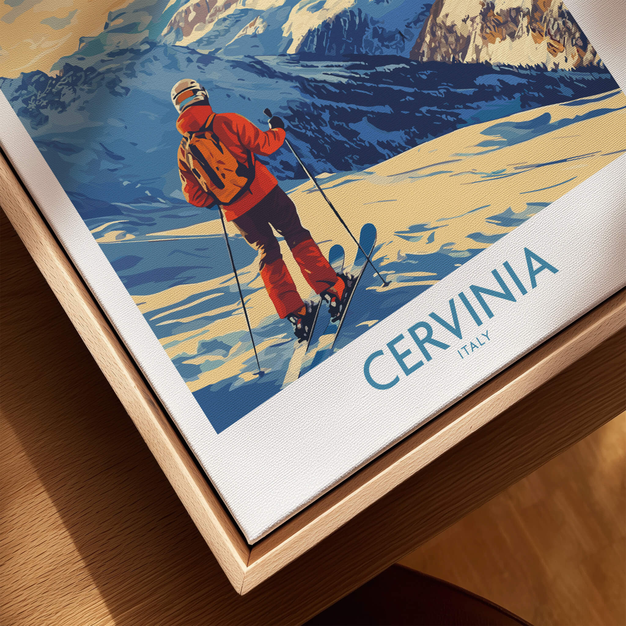 Ski Poster Cervinia Italy showcasing a skier enjoying stunning mountain views in Italy.