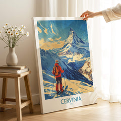 Ski Poster Cervinia Italy showcasing a skier against stunning mountain scenery.