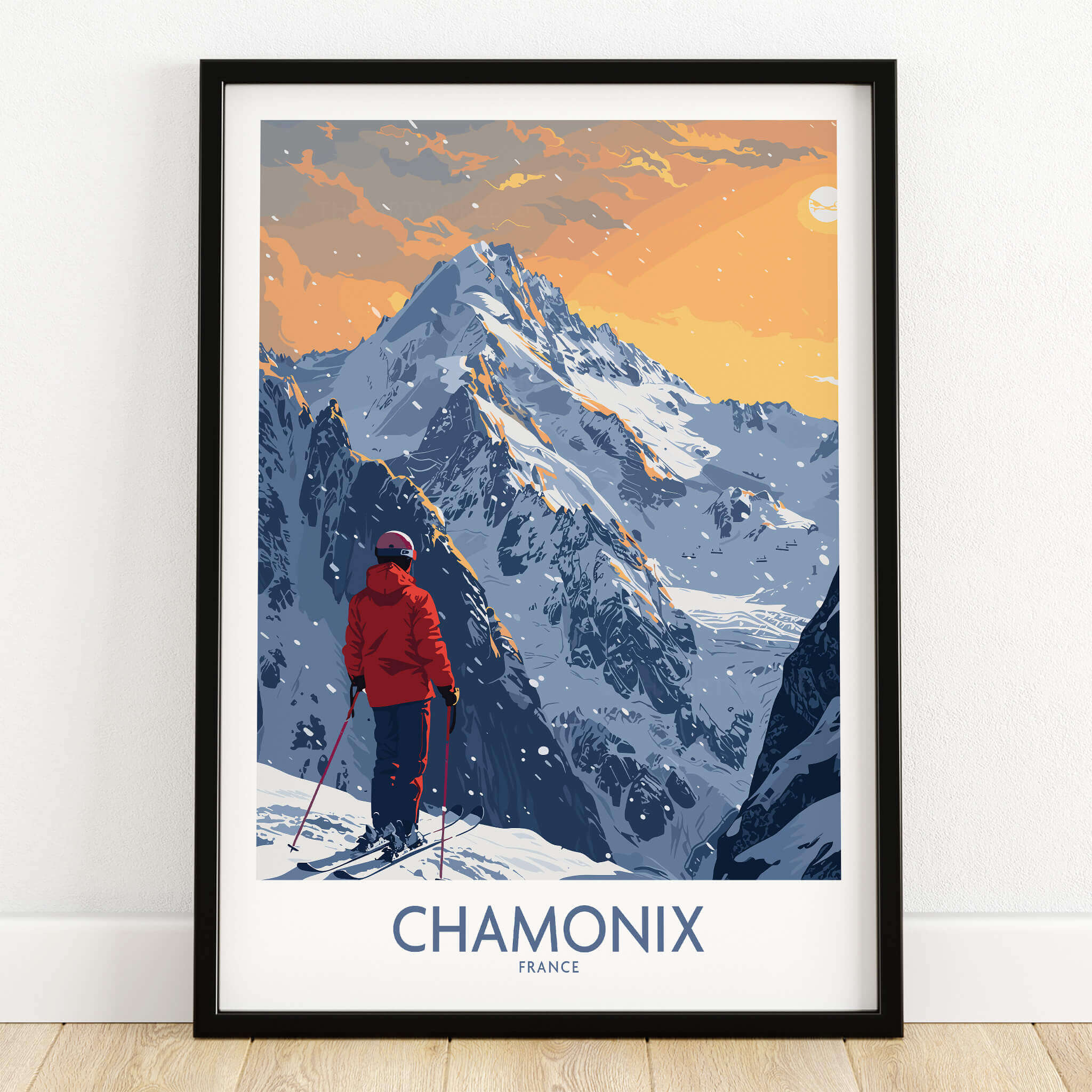 Chamonix Ski Print - France featuring a skier in front of snowy mountains at sunset, perfect for winter sports enthusiasts.