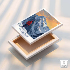 Chamonix Ski Print -  France displayed on a box featuring a skier in the French Alps, showcasing adventure and beauty.