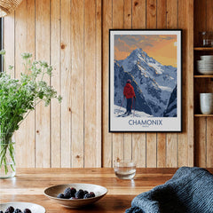 Chamonix Ski Print - France displayed in a rustic interior, capturing scenic views of the French Alps.
