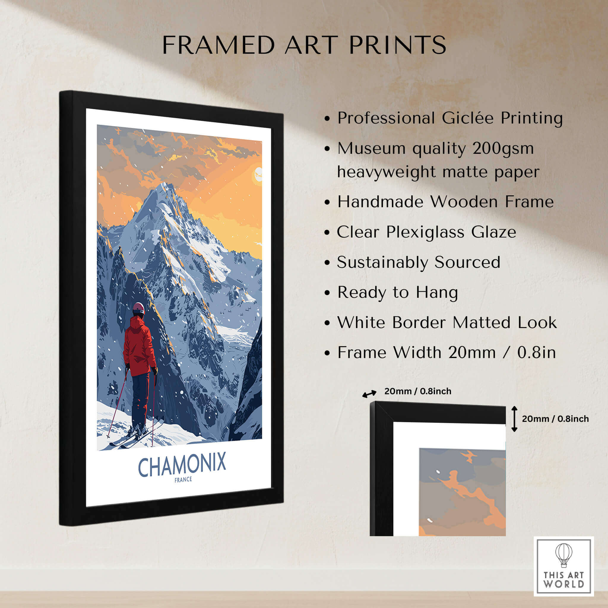 Chamonix Ski Print - France framed art print featuring professional Giclée printing and a handmade wooden frame.