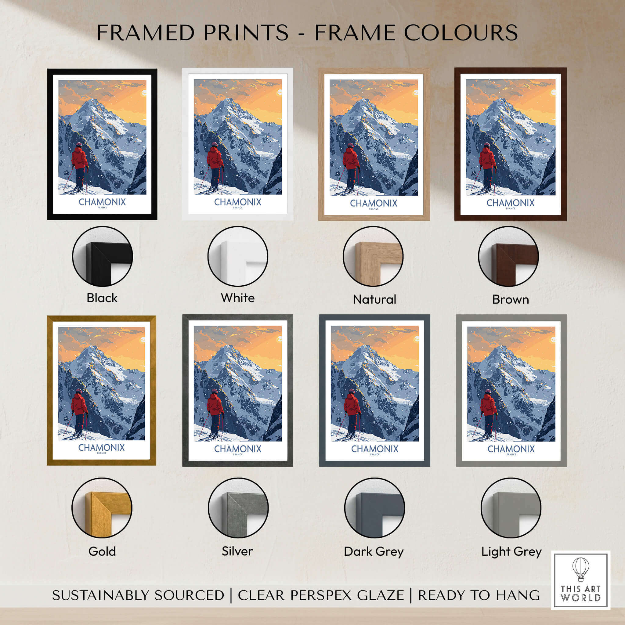 Chamonix Ski Print - France framed prints color options including black, white, natural, brown, gold, silver, dark grey, and light grey.