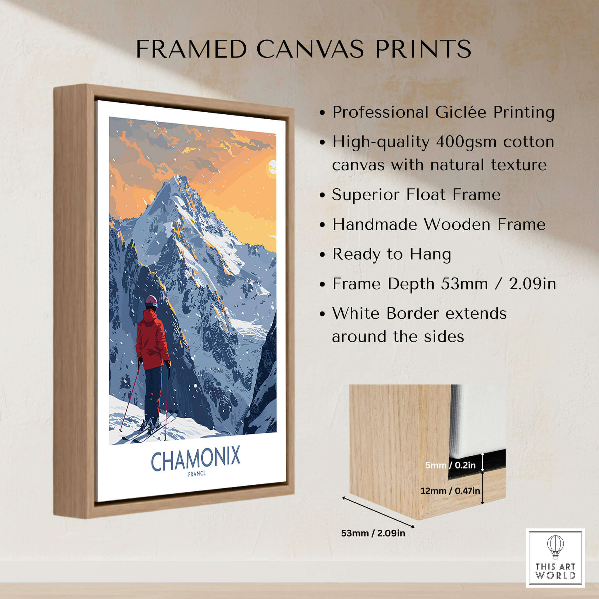 Chamonix Ski Print - France framed canvas print showcasing a mountain scene with a skier, high-quality giclée printing.