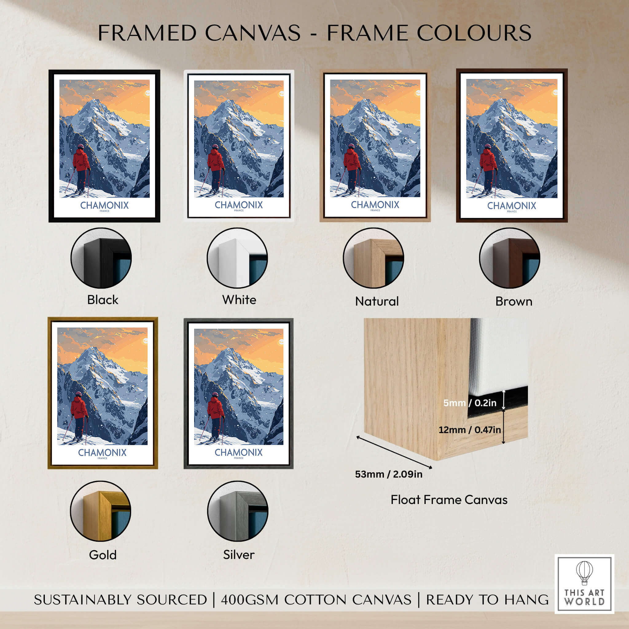 Chamonix Ski Print - France framed canvas options in various colors including black, white, natural, brown, gold, and silver.