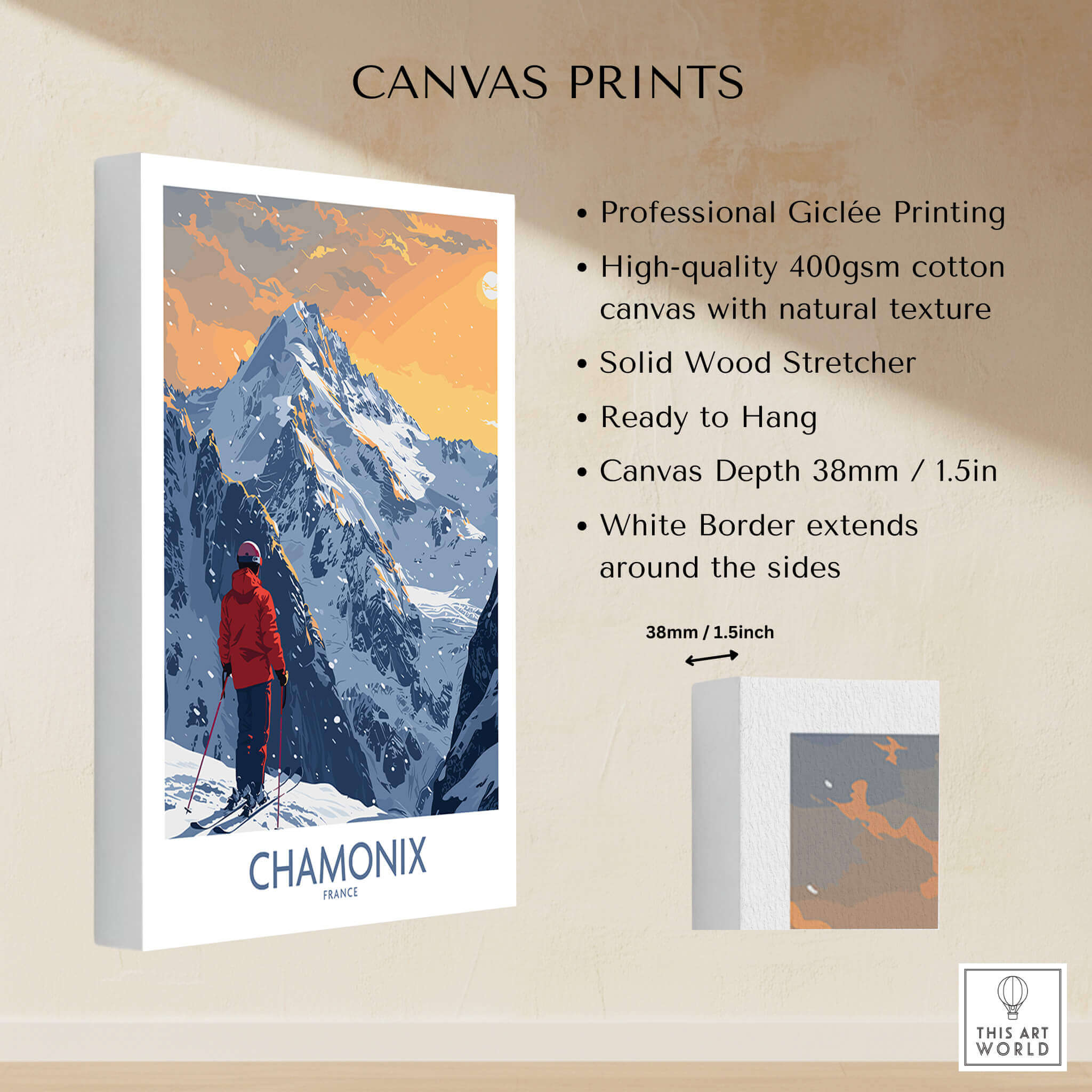 Chamonix Ski Print - France featuring mountains and skier, high-quality canvas print for home decor.