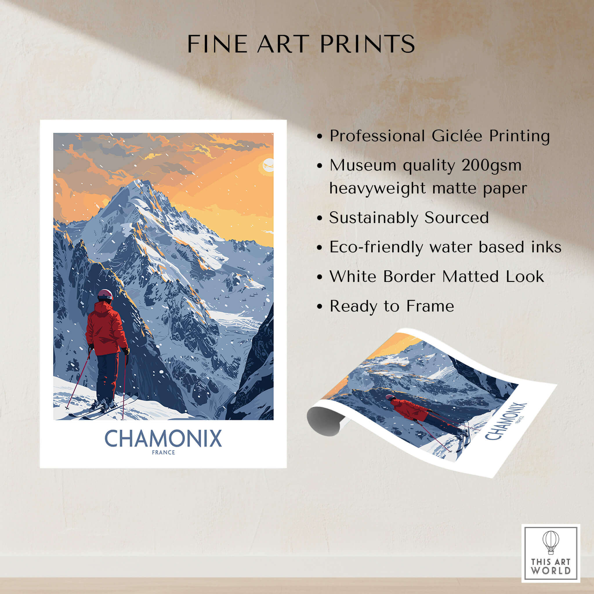 Chamonix Ski Print - France featuring professional Giclée printing and matte heavyweight paper.