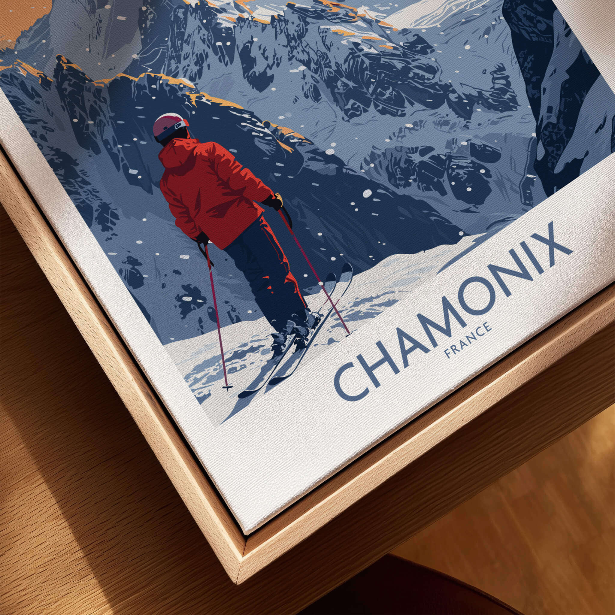 Chamonix Ski Print -  France featuring a skier on a snowy slope in the French Alps, vibrant colors and adventurous spirit.
