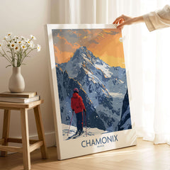 Chamonix Ski Print - France featuring a skier against a stunning mountain backdrop in the French Alps.