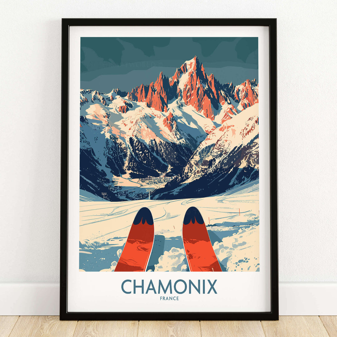 Chamonix Wall Art Poster featuring ski design and mountainous landscape illustration.