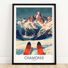 Chamonix Wall Art Poster featuring ski design and mountainous landscape illustration.