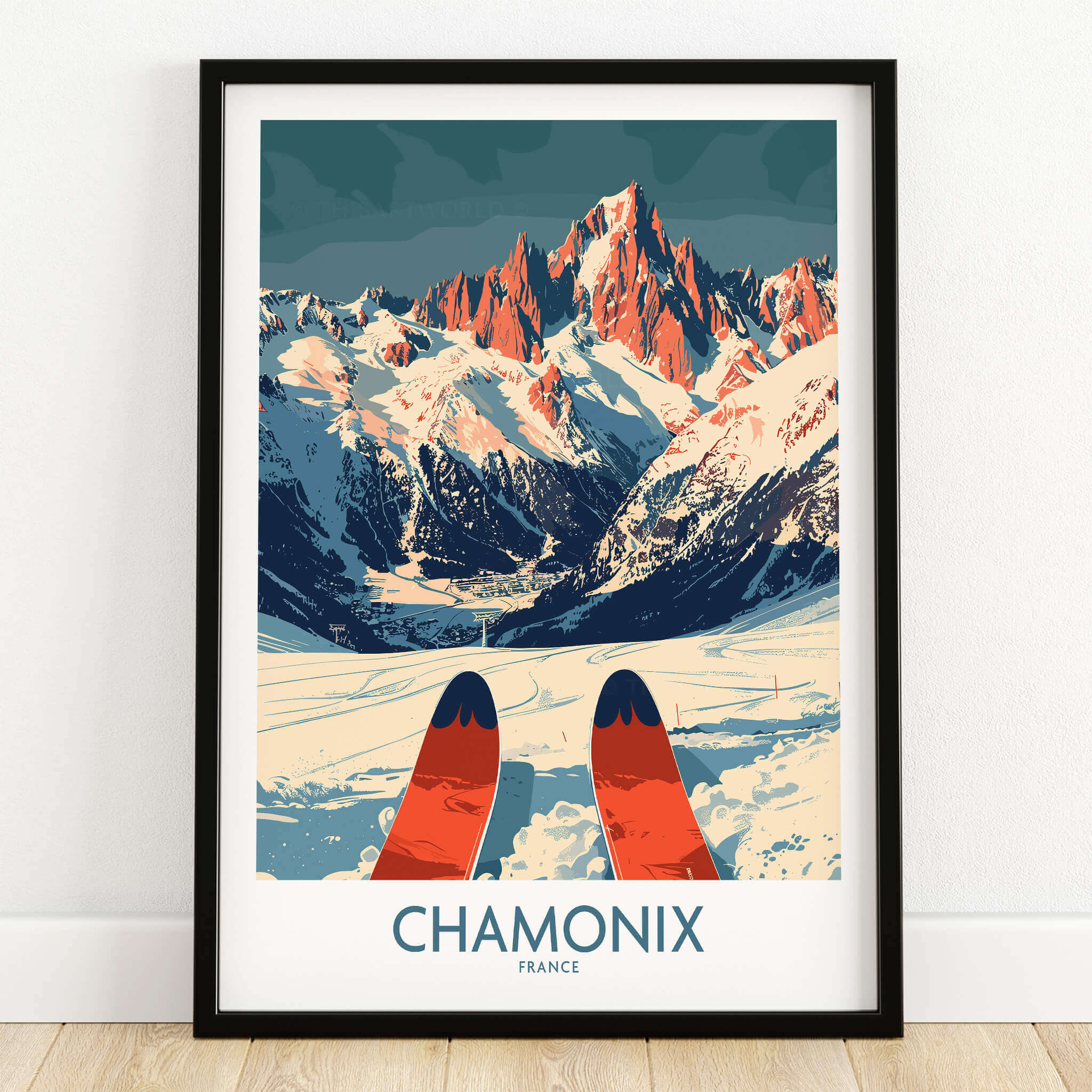 Chamonix Wall Art Poster featuring ski design and mountainous landscape illustration.