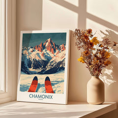 Chamonix Wall Art Poster showcasing mountain landscape and skis, perfect for enhancing home decor with ski-inspired design.