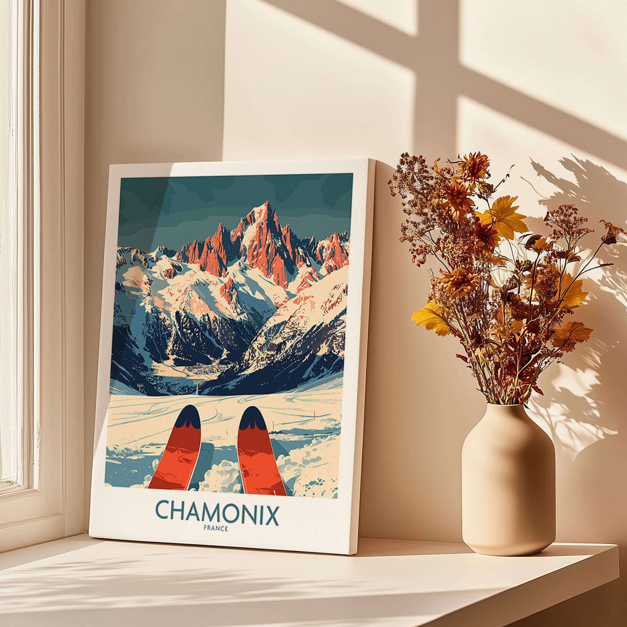 Chamonix Wall Art Poster showcasing mountain landscape and skis, perfect for enhancing home decor with ski-inspired design.
