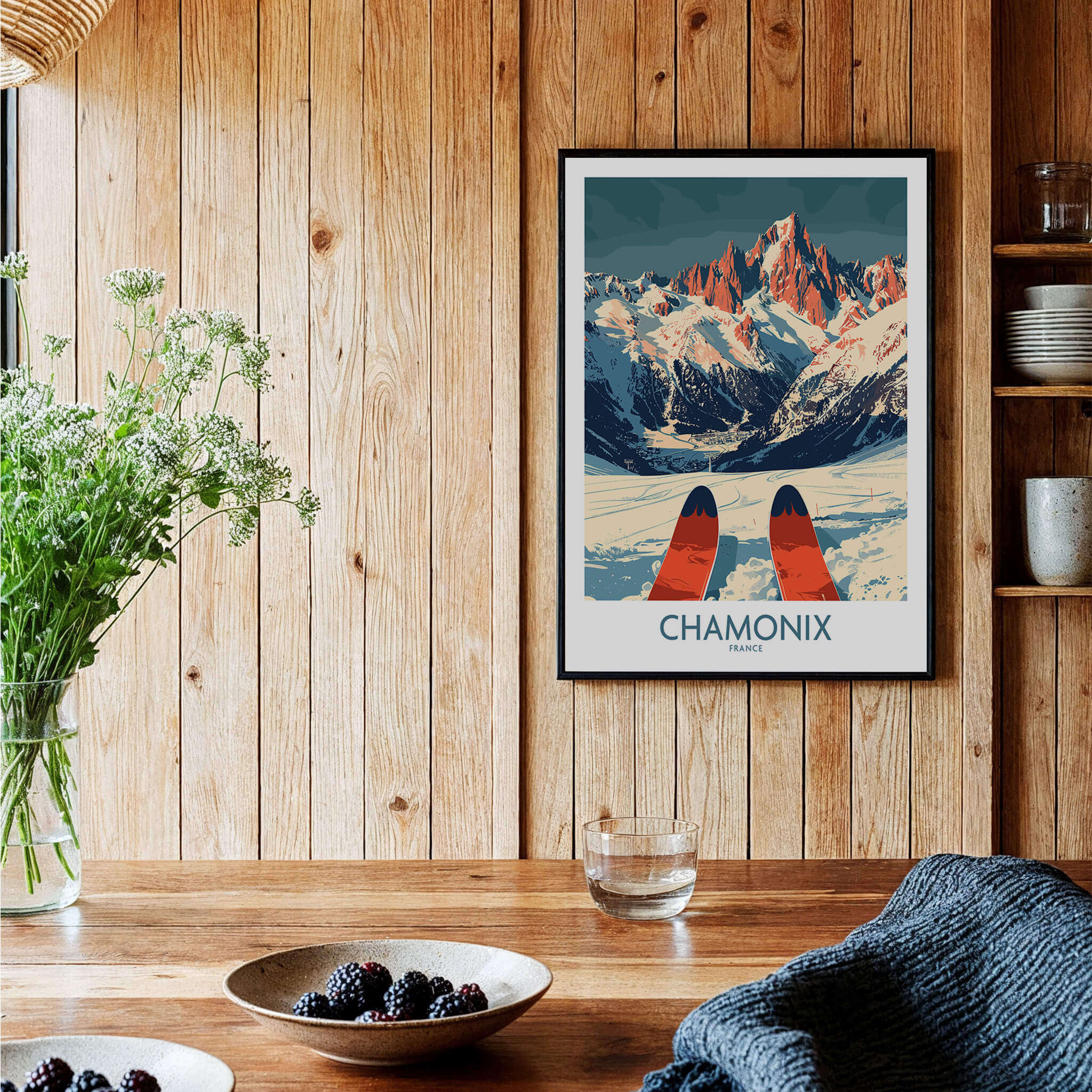 Chamonix Wall Art Poster featuring stunning ski design, enhancing home decor with luxury and adventure.