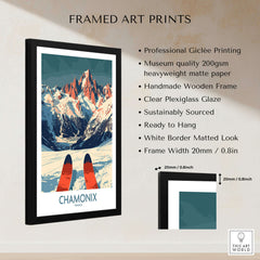 Chamonix Wall Art Poster featuring ski-inspired design with a stunning mountain backdrop in stylish frame.