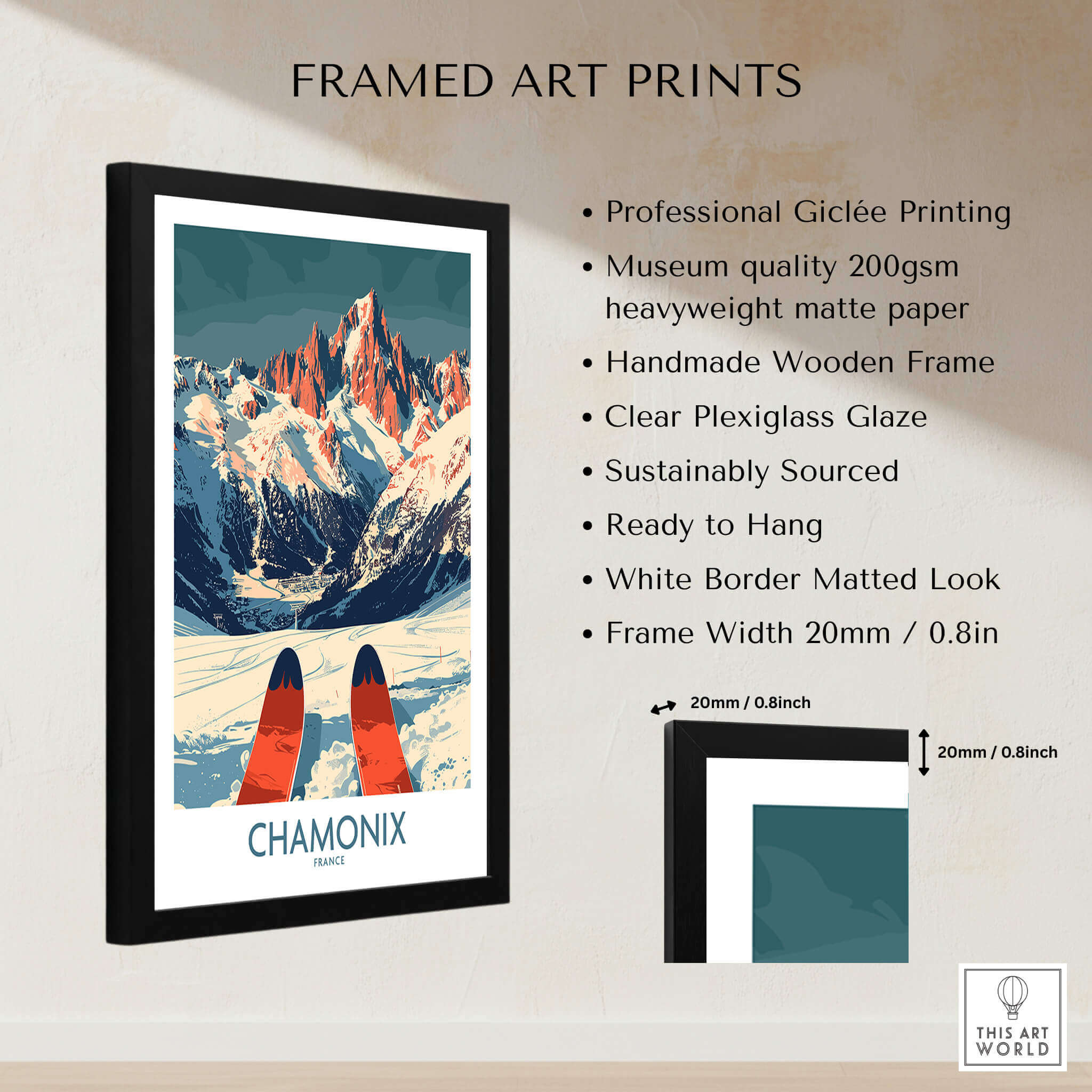 Chamonix Wall Art Poster featuring ski-inspired design with a stunning mountain backdrop in stylish frame.