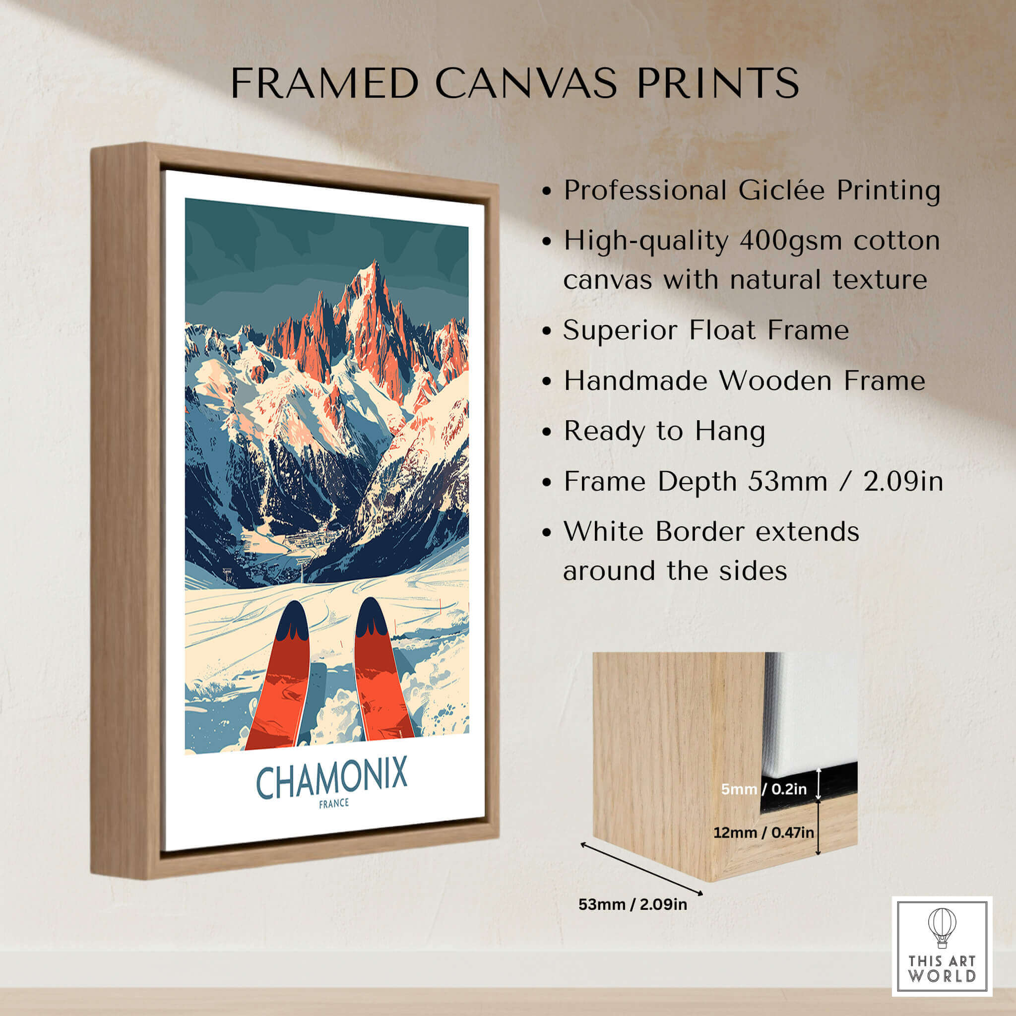 Chamonix Wall Art Poster framed canvas print featuring ski-inspired design and stunning mountain scenery.
