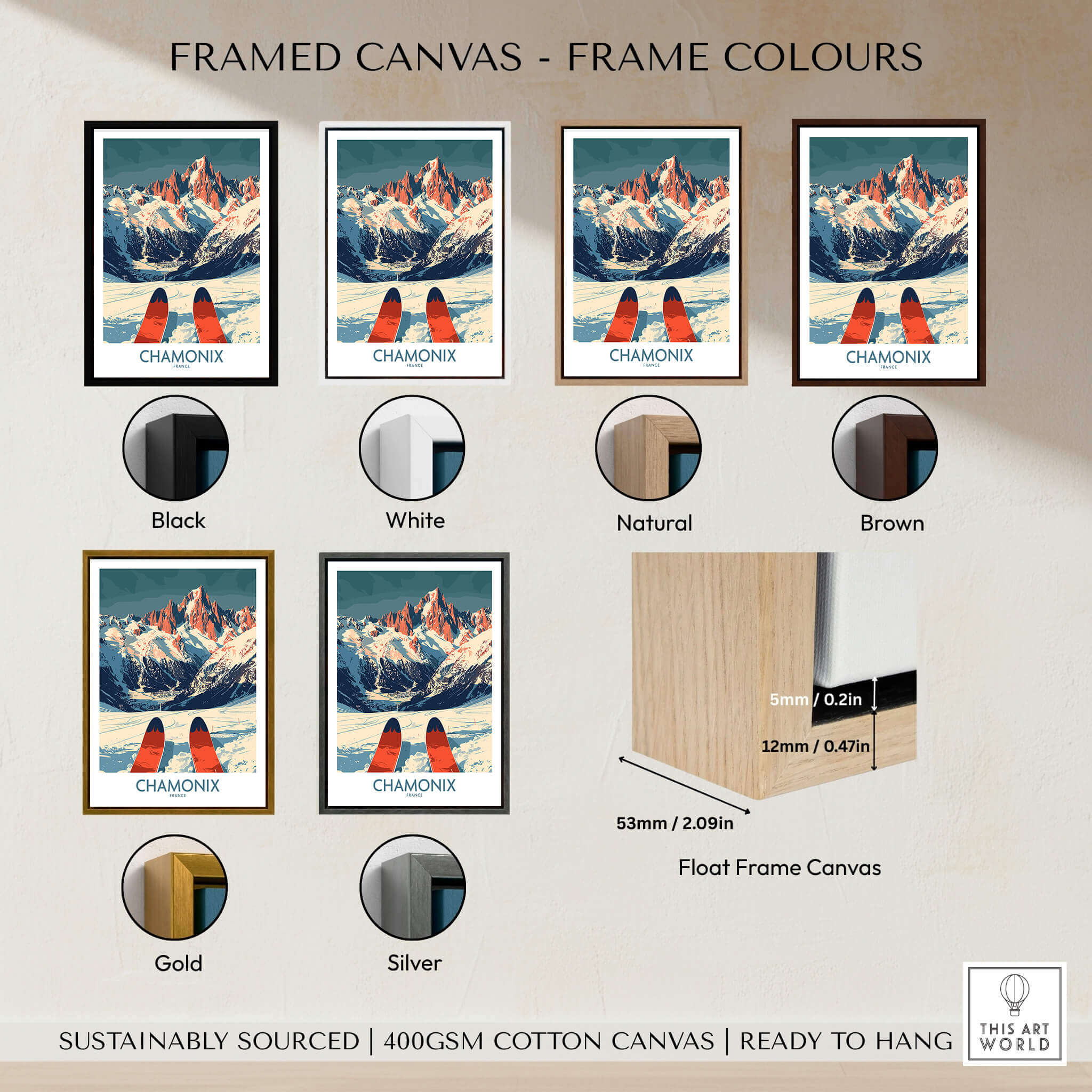 Chamonix Wall Art Poster framed options in black, white, natural, brown, gold, and silver, showcasing ski-inspired design.
