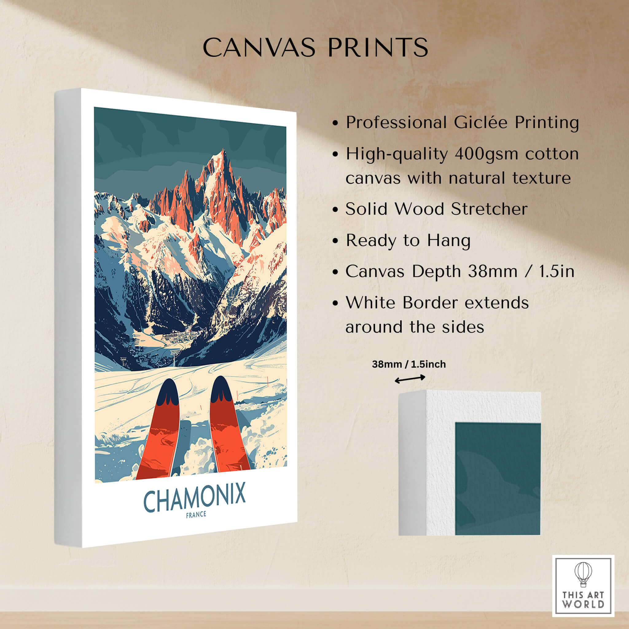 Chamonix Wall Art Poster featuring a stunning ski landscape design with vibrant colors and quality canvas material.