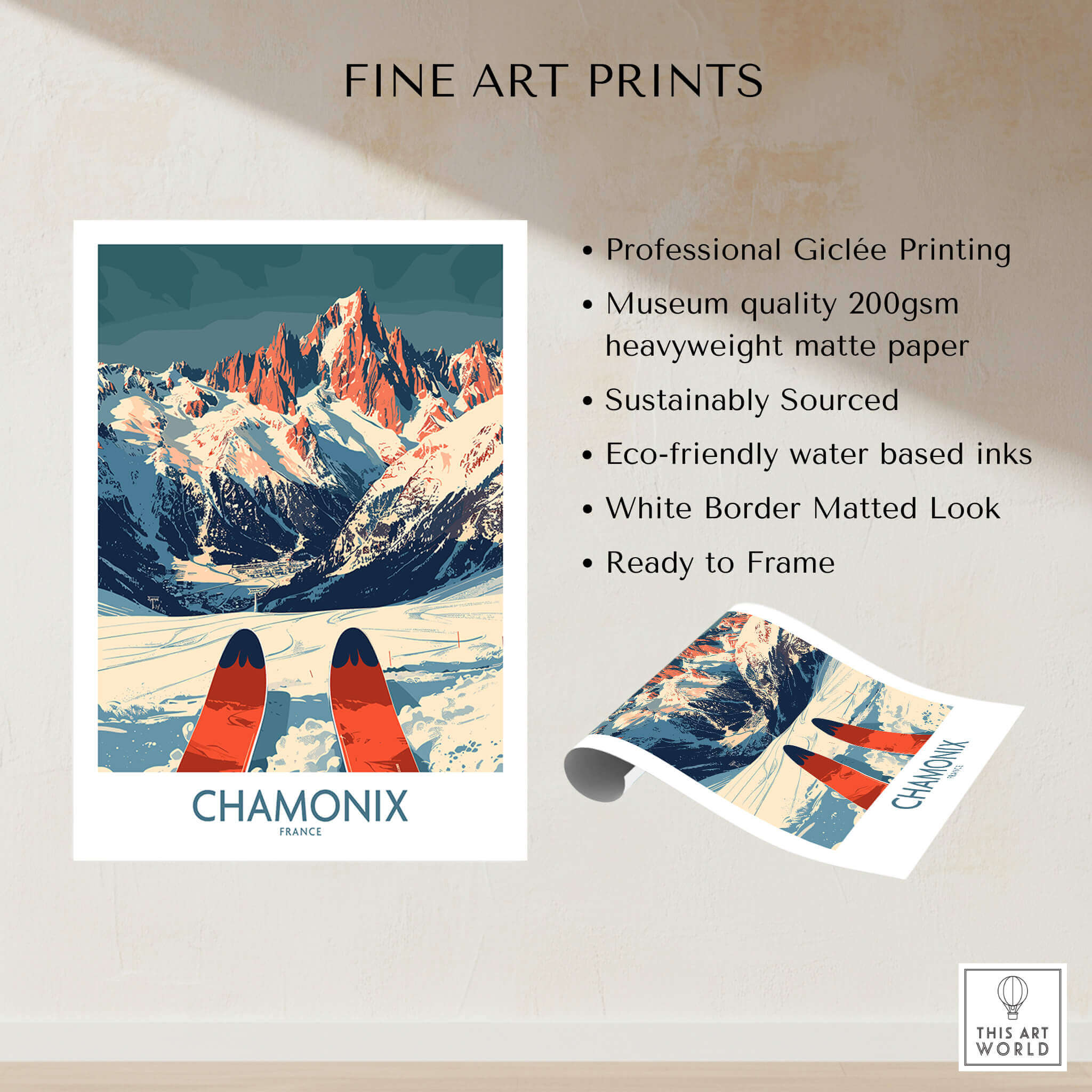 Chamonix Wall Art Poster featuring stunning ski design on heavyweight matte paper, ideal for home decor.