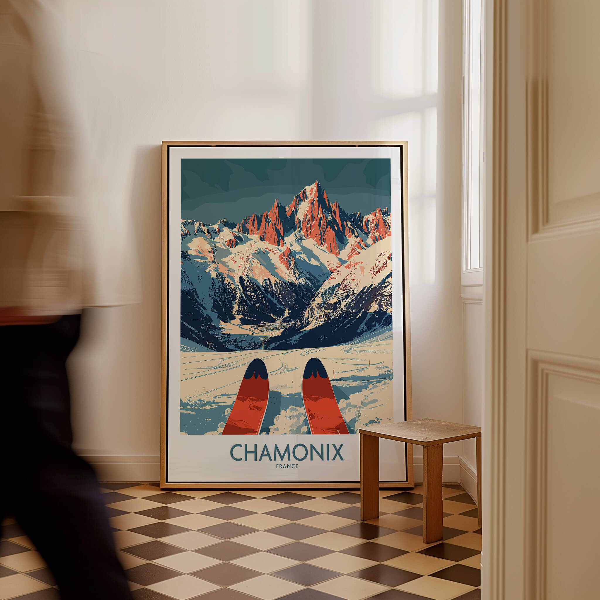 Chamonix Wall Art Poster showing picturesque ski scene with mountains and skis, perfect for home decor.