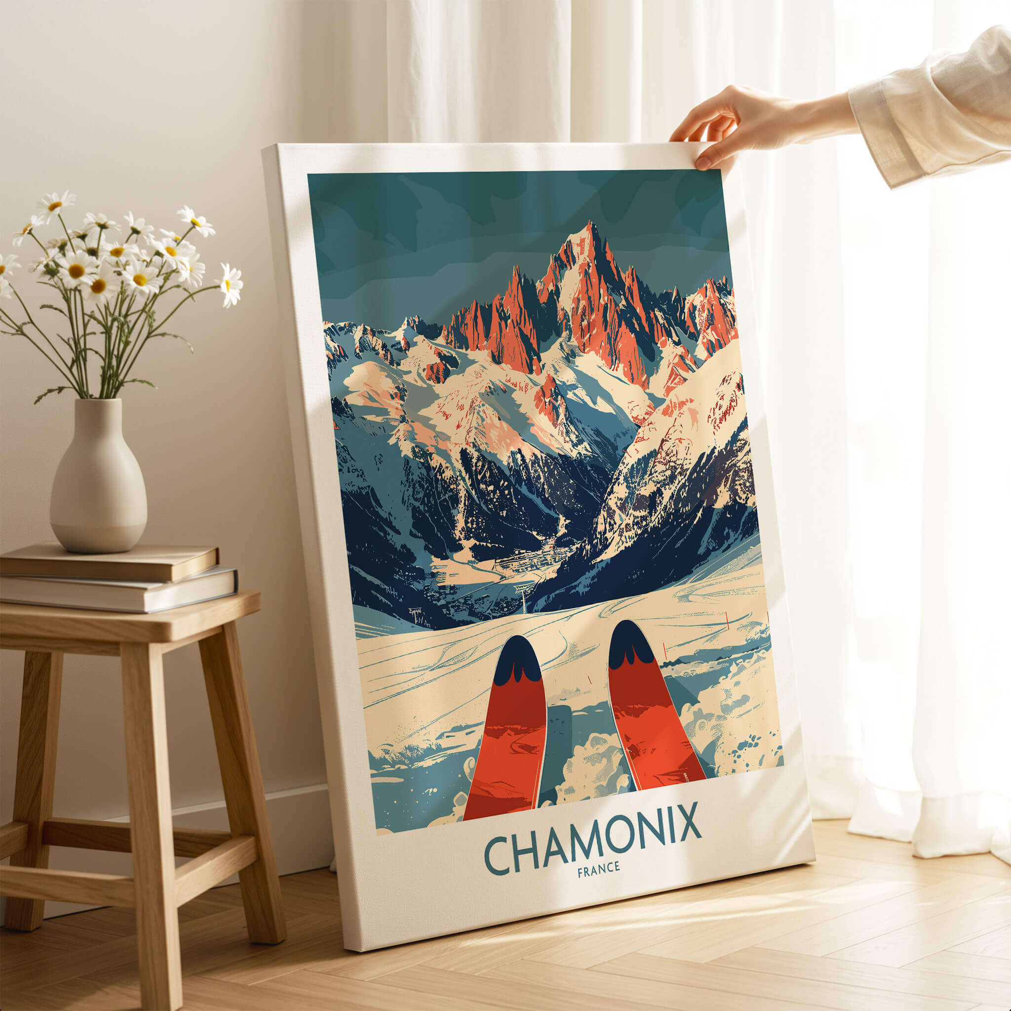 Chamonix Wall Art Poster featuring stunning ski-inspired design showcasing the beauty of the Chamonix mountains.