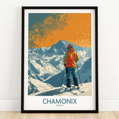 Chamonix Print France ski poster featuring a skier overlooking the stunning French Alps.