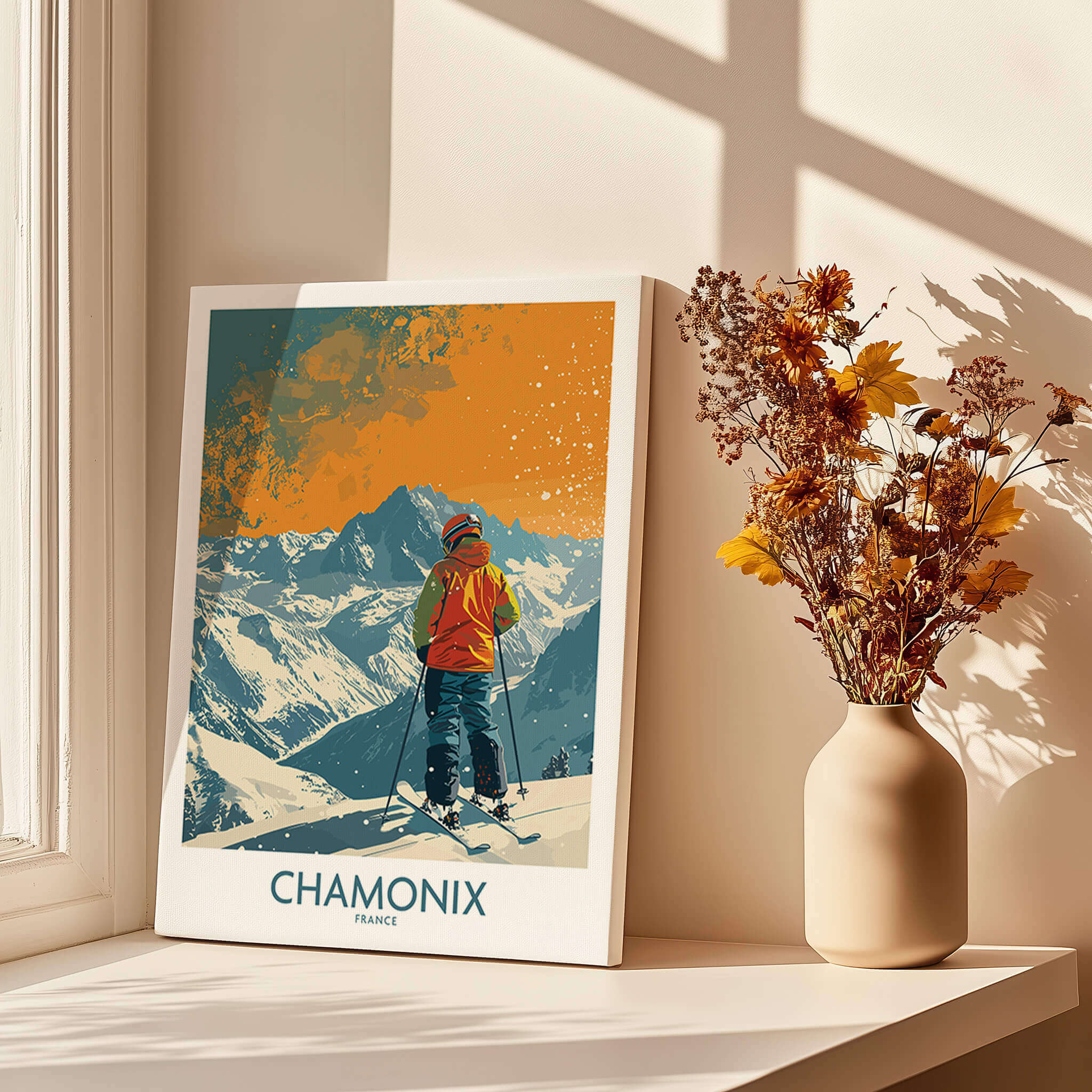 Chamonix Print France depicting a skier in vibrant colors with mountains, perfect for home decor.