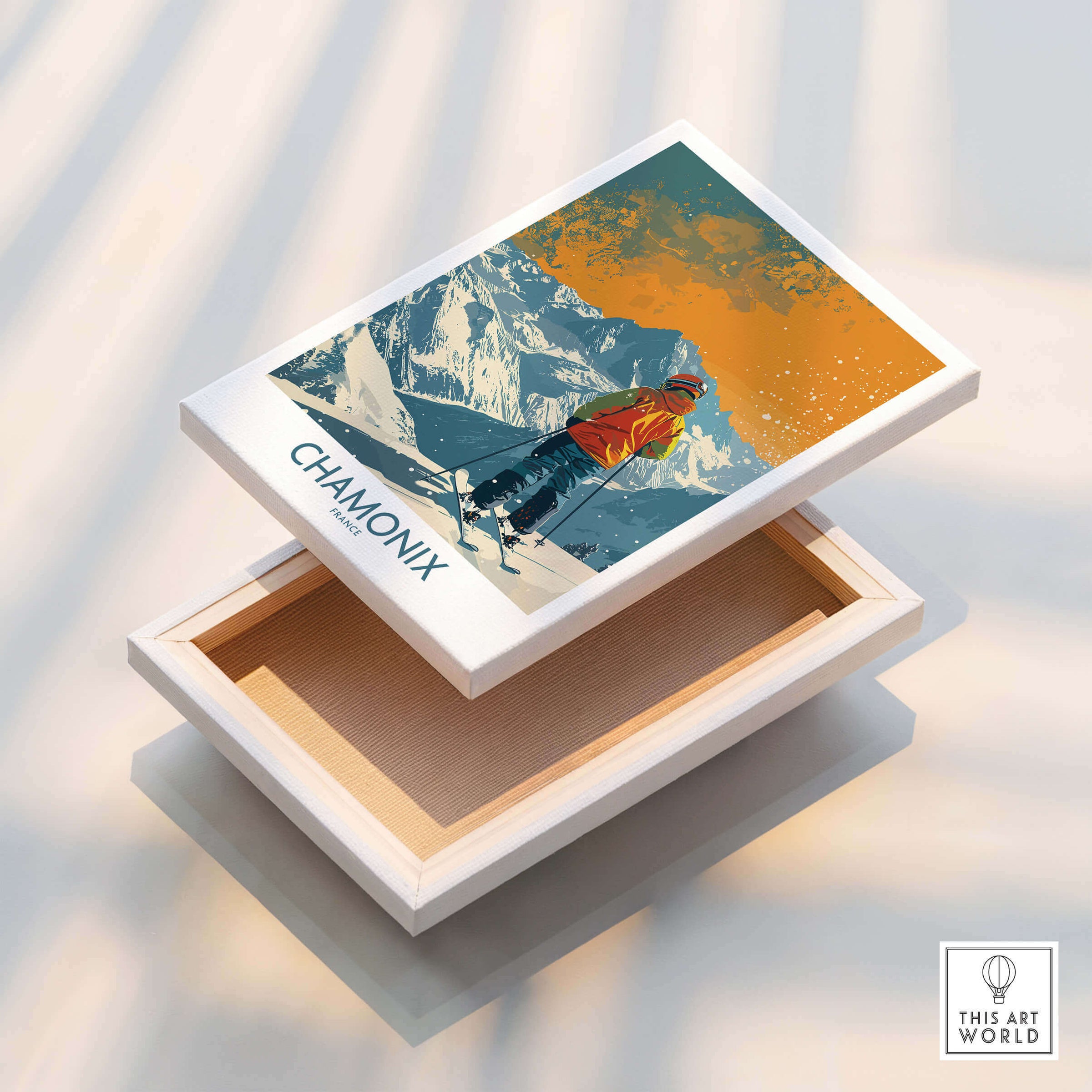 Chamonix Print France ski poster showcasing a skier amidst the stunning French Alps in a decorative box.
