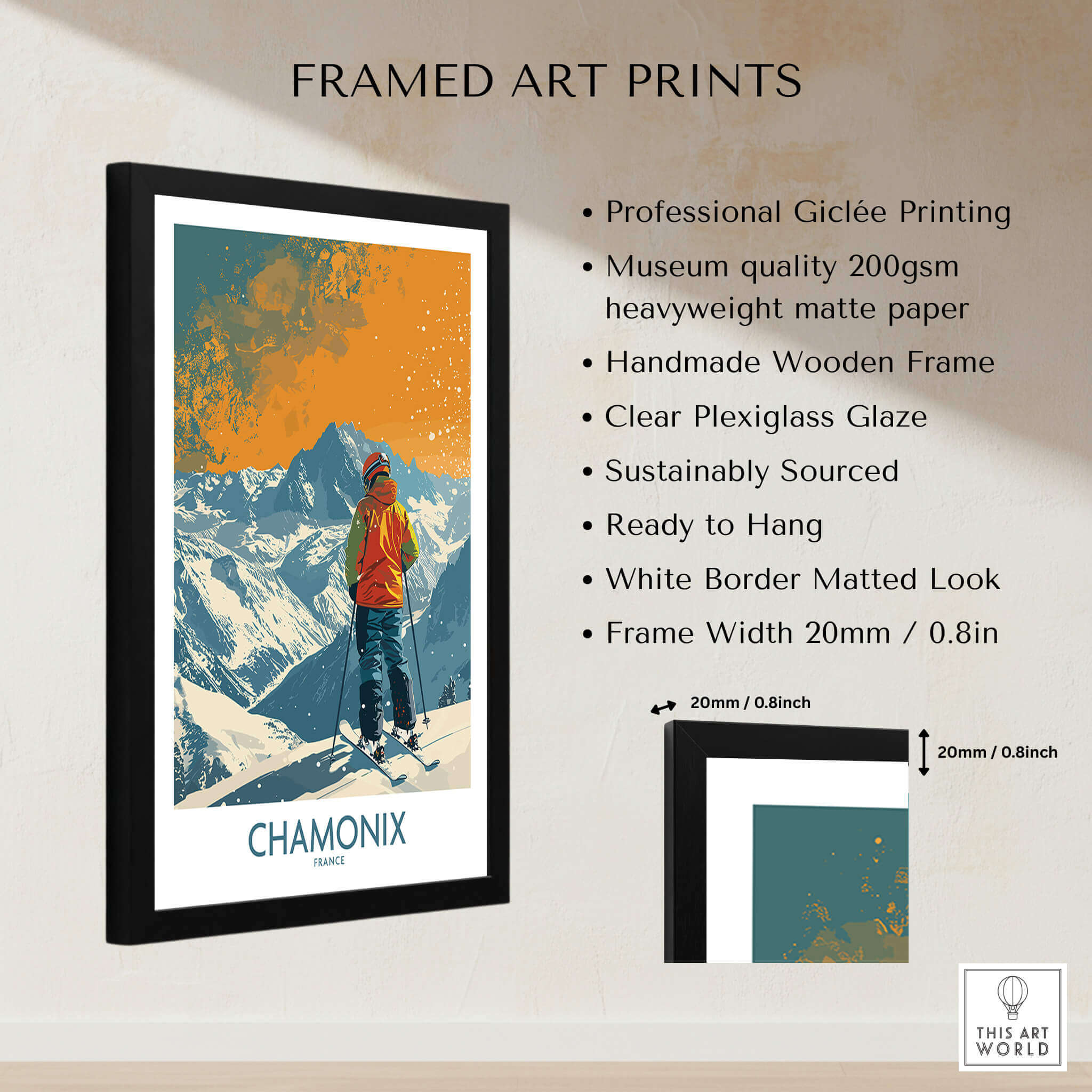 Chamonix Print France framed art print featuring vibrant mountain scenery and ski theme for home decor.