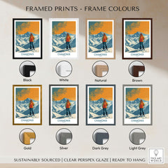 Chamonix Print France framed prints color options including black, white, natural, brown, gold, silver, dark grey, light grey.