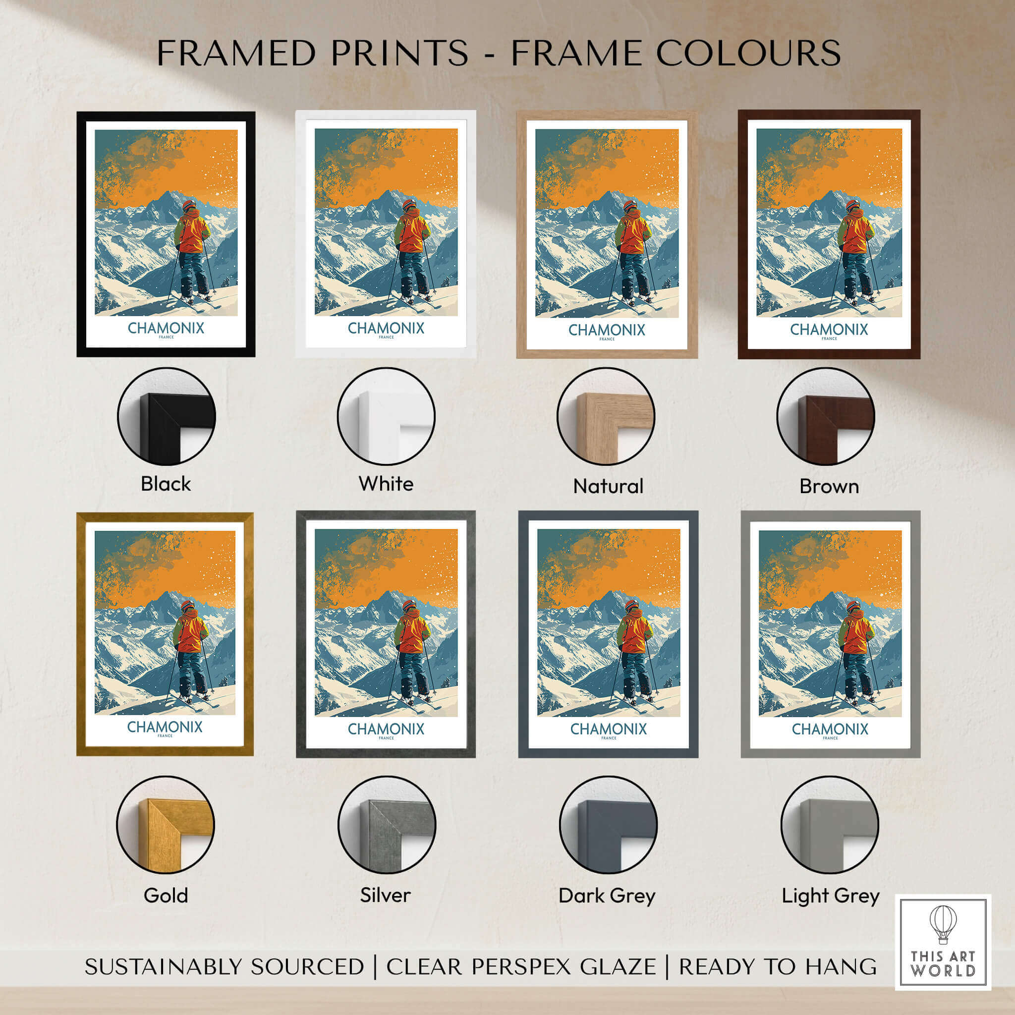 Chamonix Print France framed prints color options including black, white, natural, brown, gold, silver, dark grey, light grey.