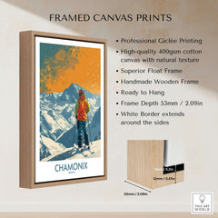 Chamonix Print France framed canvas print showcasing skier in the French Alps with a wooden frame and ready to hang design.
