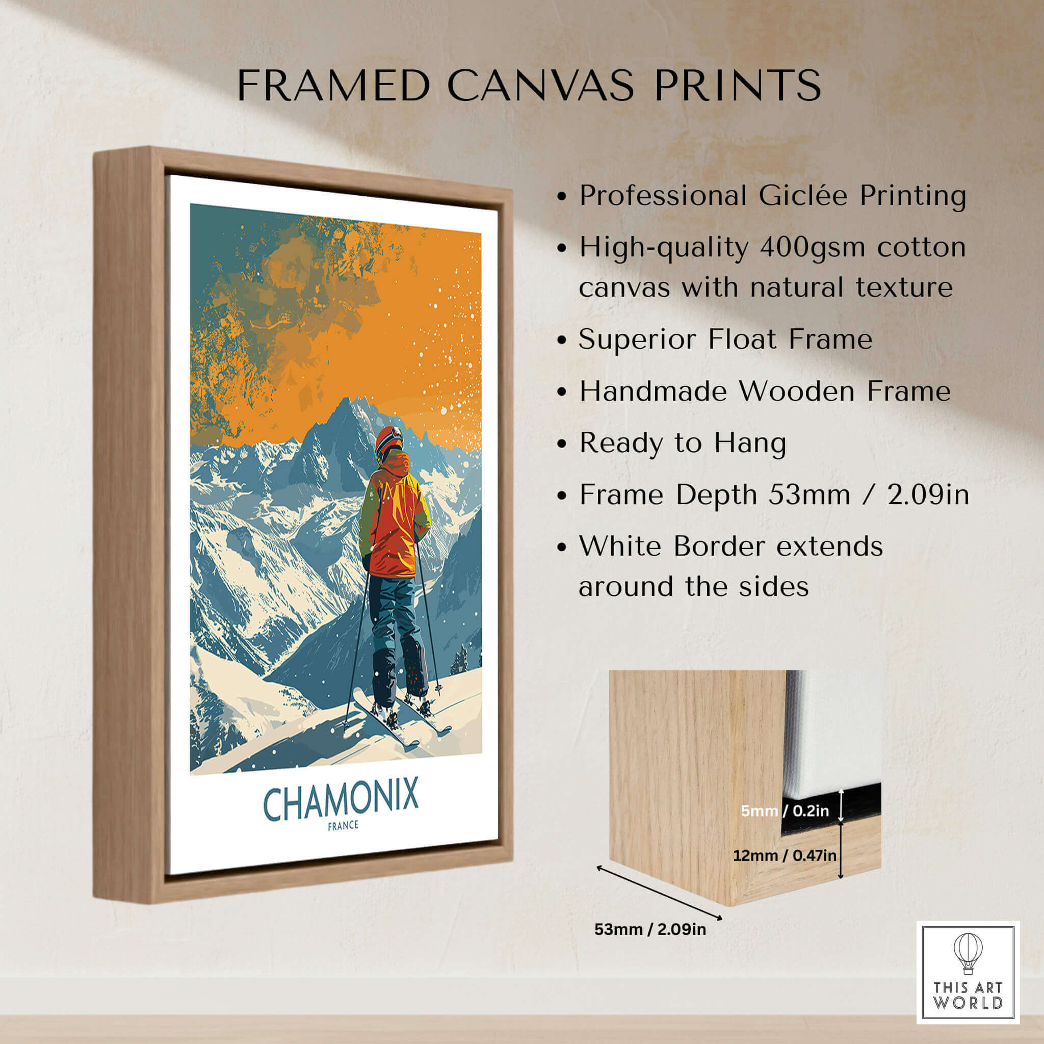 Chamonix Print France framed canvas print showcasing skier in the French Alps with a wooden frame and ready to hang design.