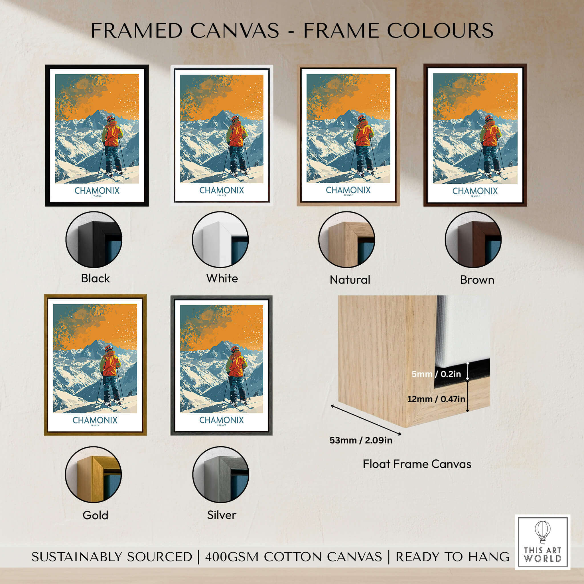 Chamonix Print France framed canvas colours showcasing options in black, white, natural, brown, gold, and silver.