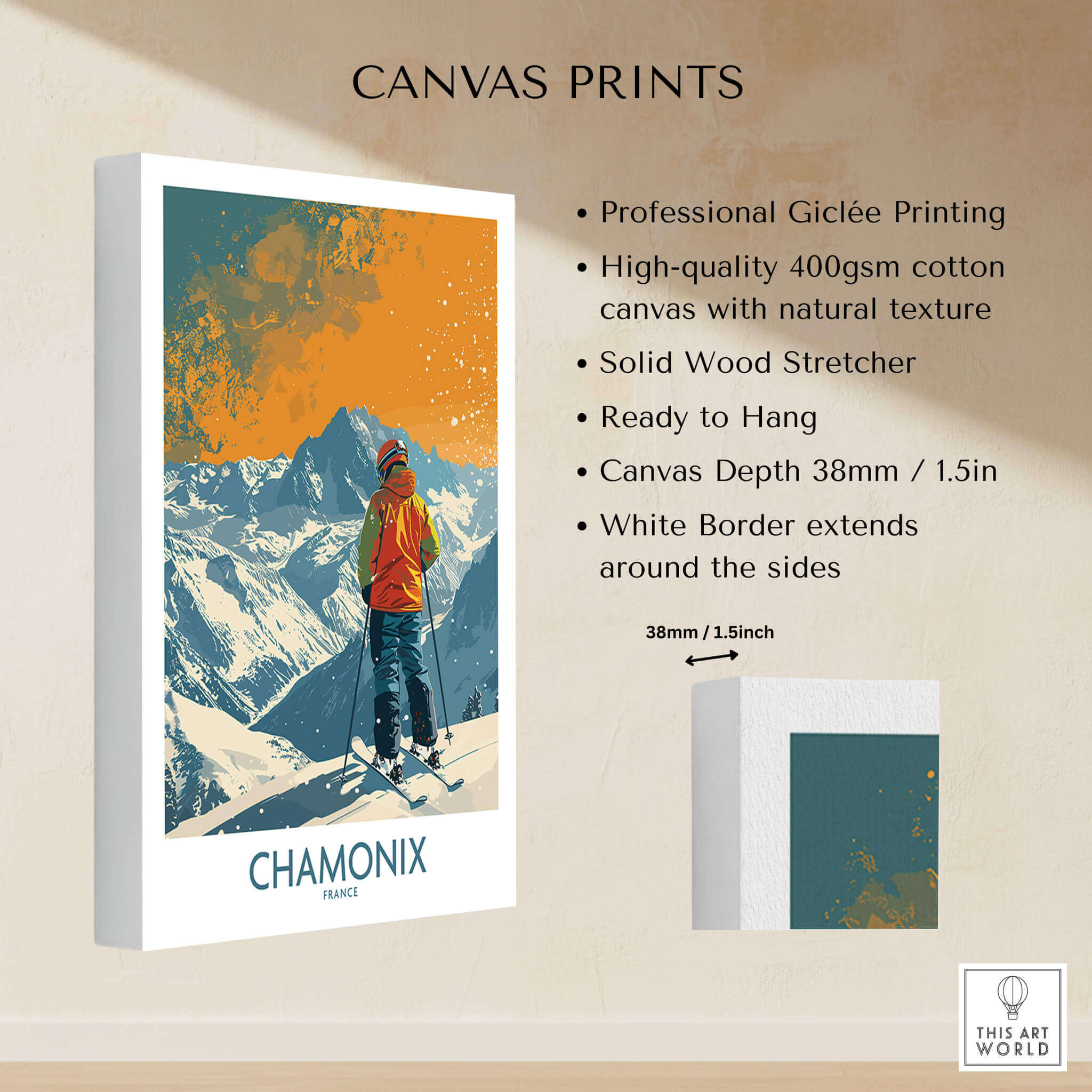 Chamonix Print France showcasing professional Giclée printing on high-quality canvas with stunning ski imagery.
