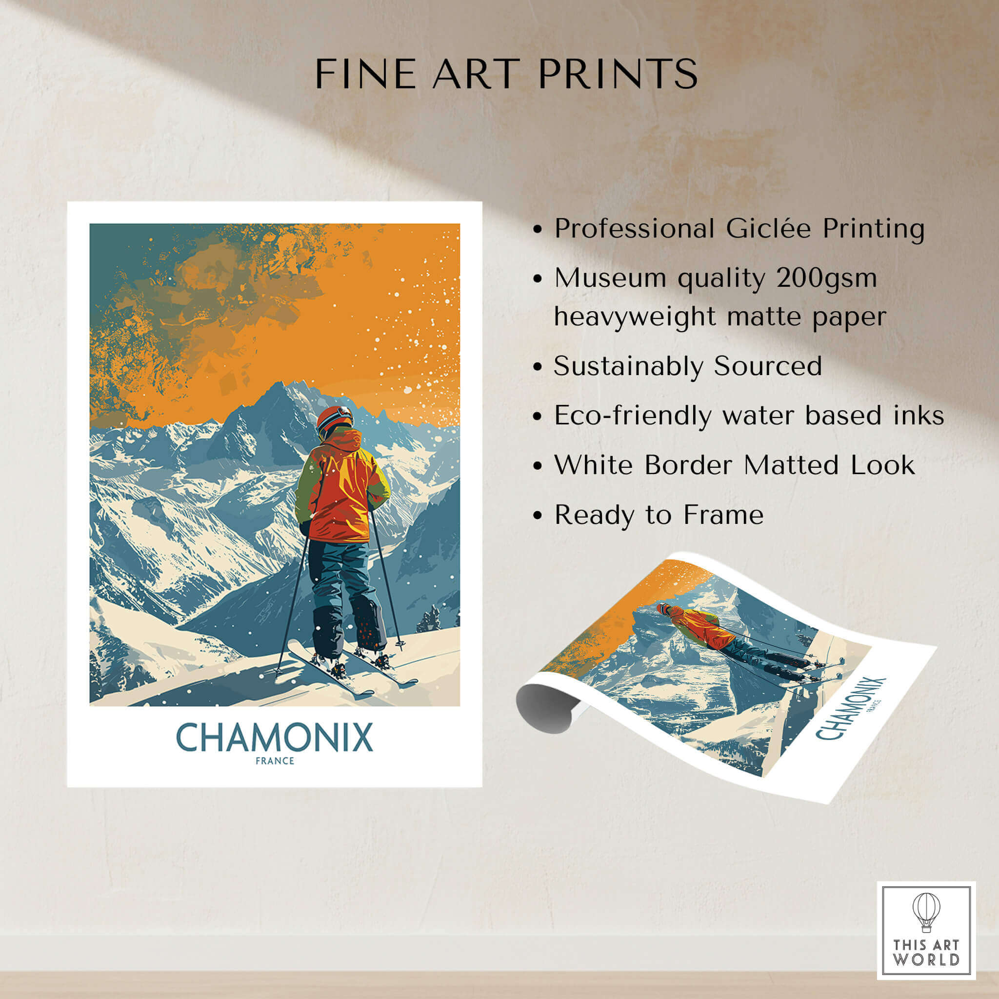Chamonix Print France ski poster showcasing professional Giclée printing and eco-friendly inks.