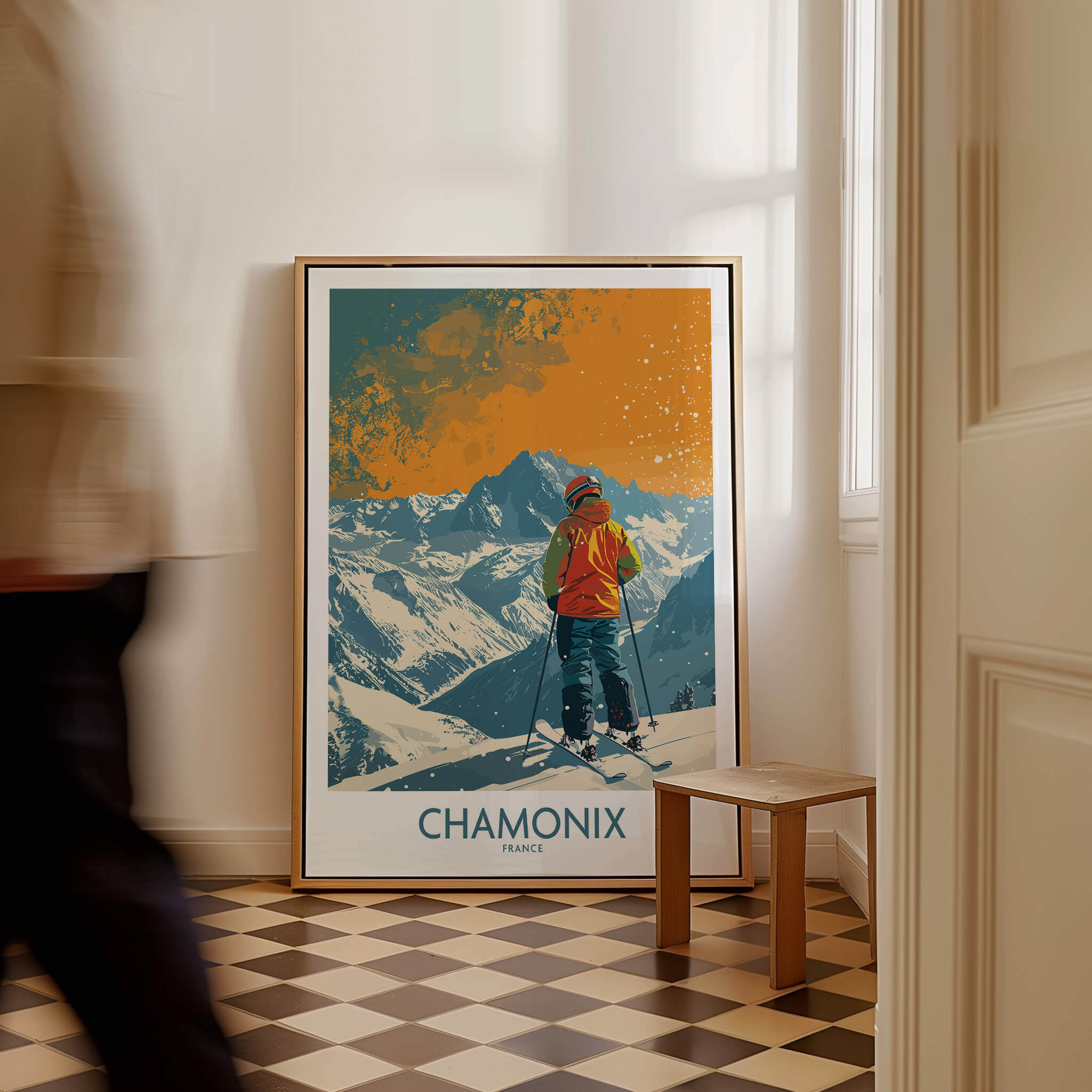 Chamonix Print France poster showcasing a skier in the French Alps, perfect for home decor inspired by winter sports.