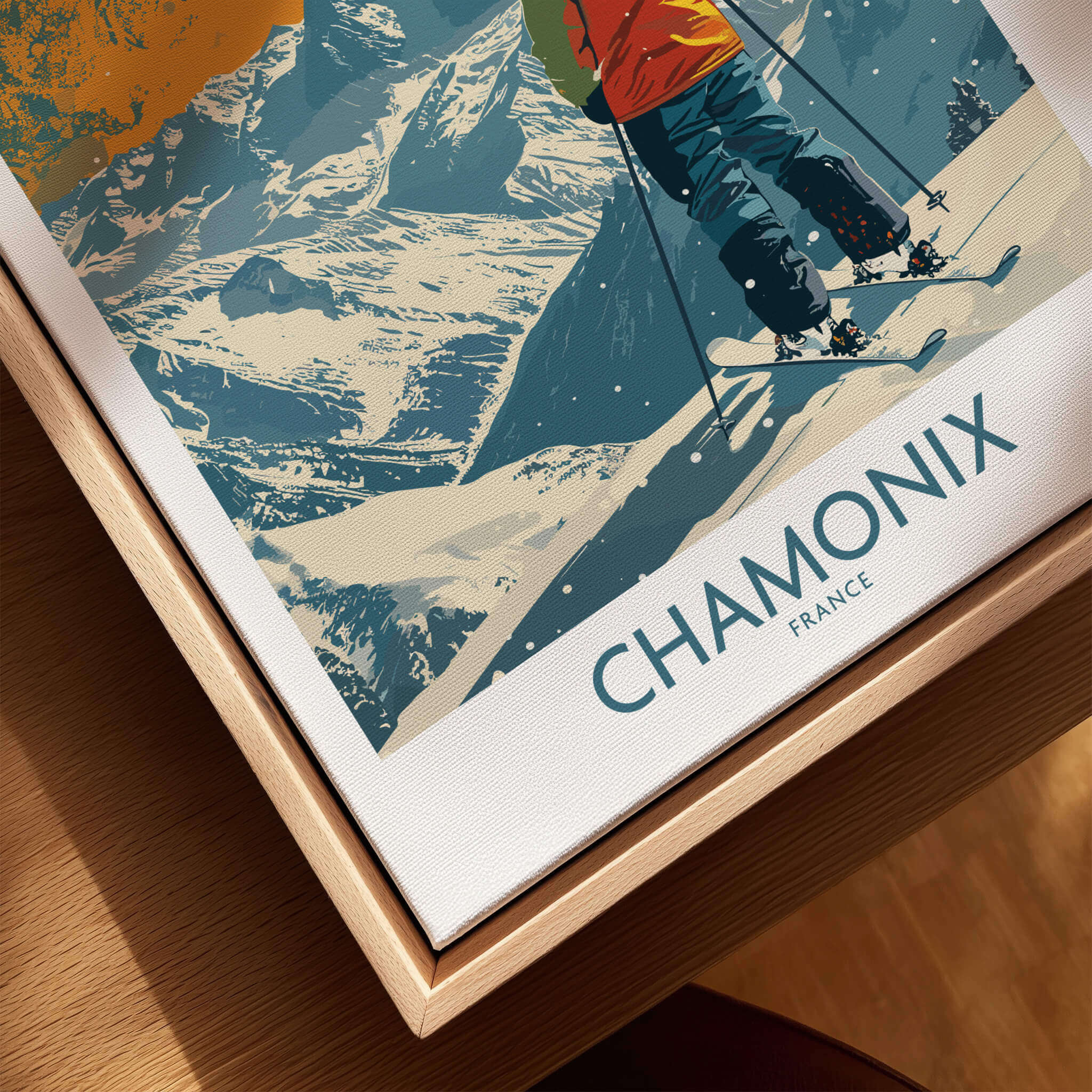 Chamonix Print France featuring a skier in the French Alps, showcasing the beauty of the Chamonix resort and ski culture.