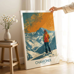 Chamonix Print France showcasing a skier against a stunning French Alps backdrop, perfect for home decor.