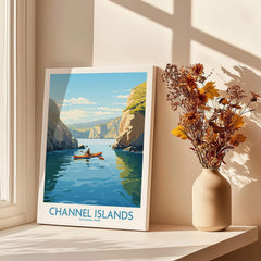 Channel Islands National Park art print with kayak scene, displayed by a window and vase of flowers.