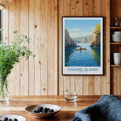 Channel Islands National Park art print in black frame on wood wall in cozy kitchen setting