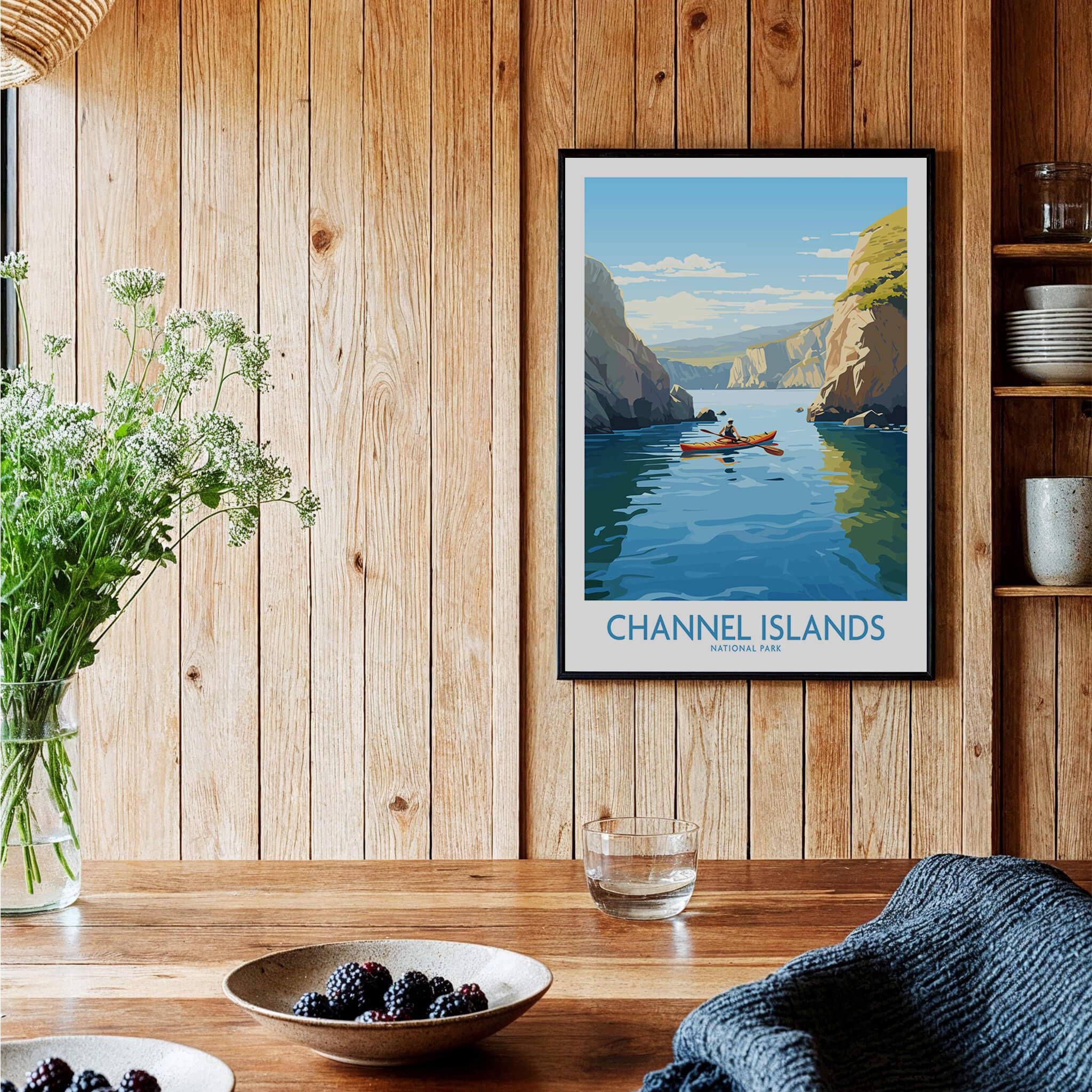 Channel Islands National Park art print in black frame on wood wall in cozy kitchen setting
