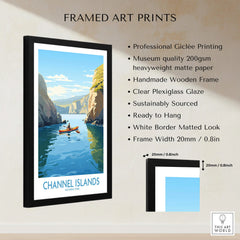 Framed Channel Islands National Park art print with kayak scene, print quality details and measurements.